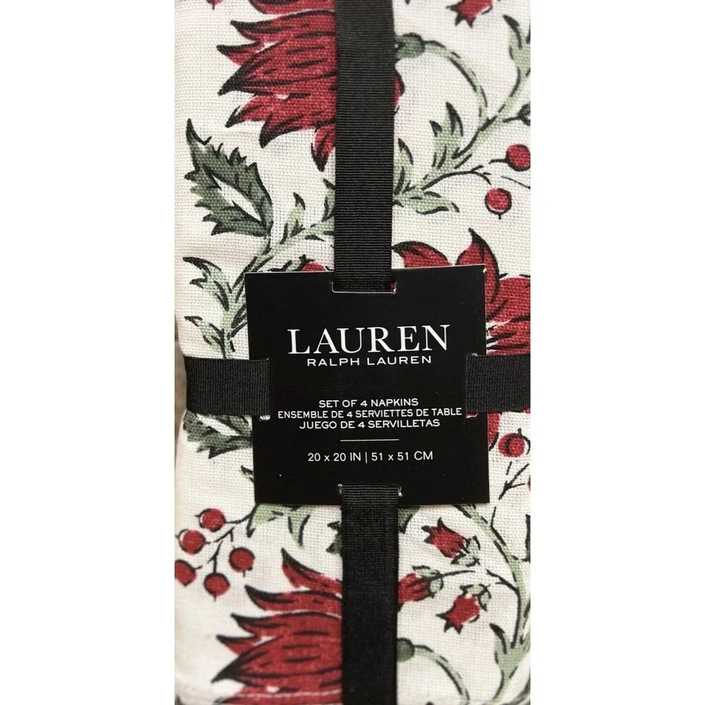 Ralph Lauren Christmas Poinsettia Napkins Fabric Holiday White Red Green Set of4